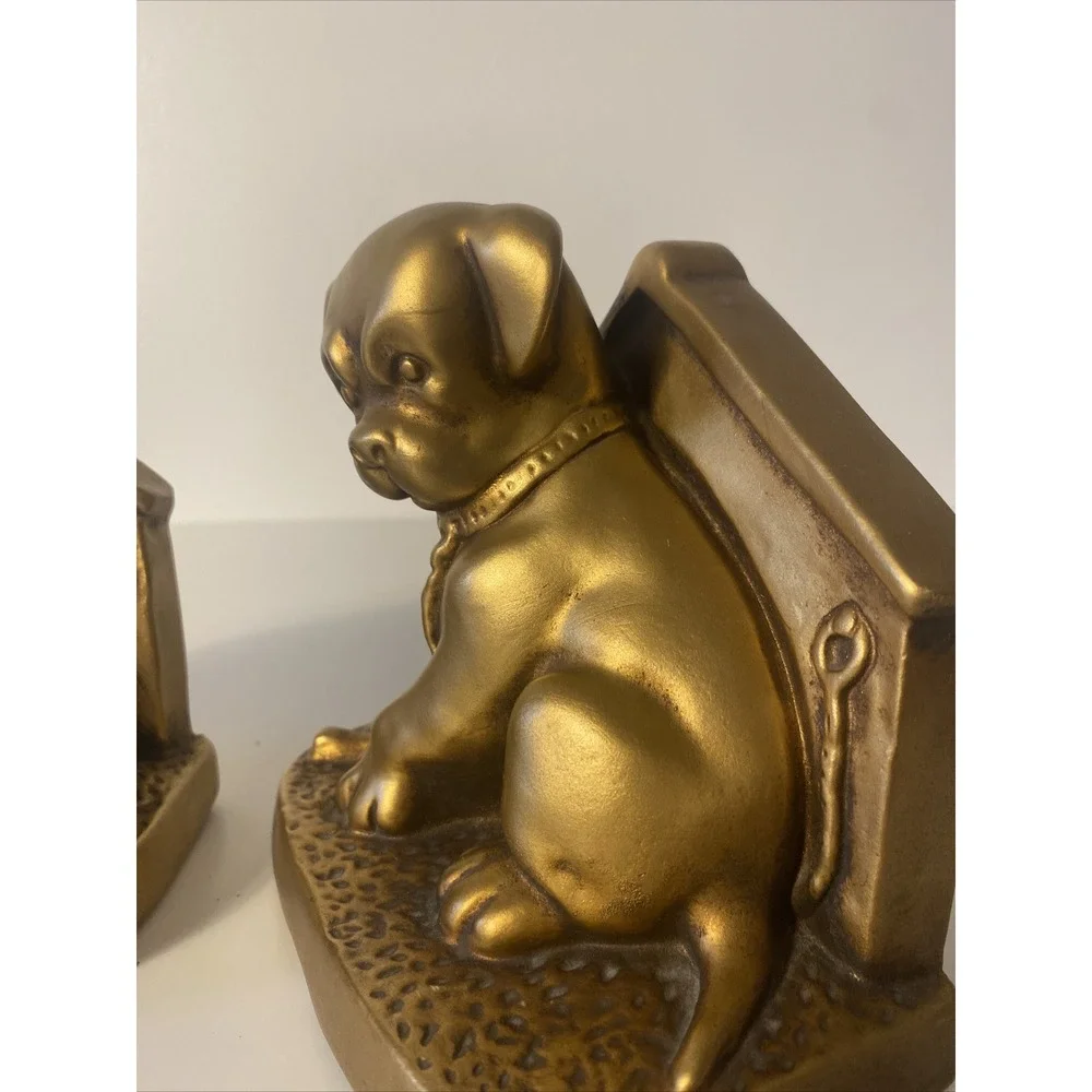Gold Puppy Doghouse Bookends Vintage Chalkware Mid century